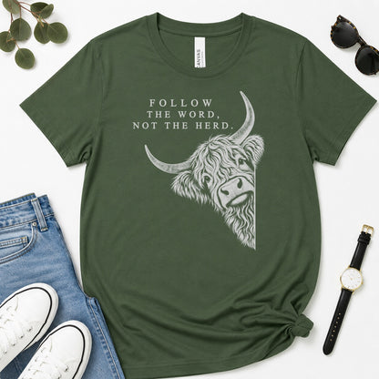 Follow The Word Not The Herd, Gift For Christian Highland Cow Lovers - 2D Unisex Premium T-shirt