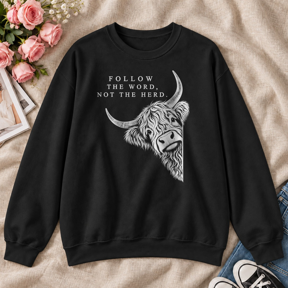Follow The Word Not The Herd, Gift For Christian Highland Cow Lovers - 2D Unisex Sweatshirt