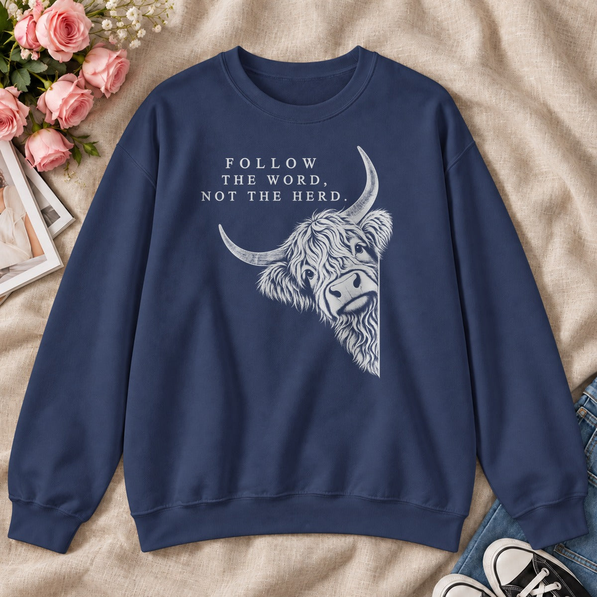 Follow The Word Not The Herd, Gift For Christian Highland Cow Lovers - 2D Unisex Sweatshirt