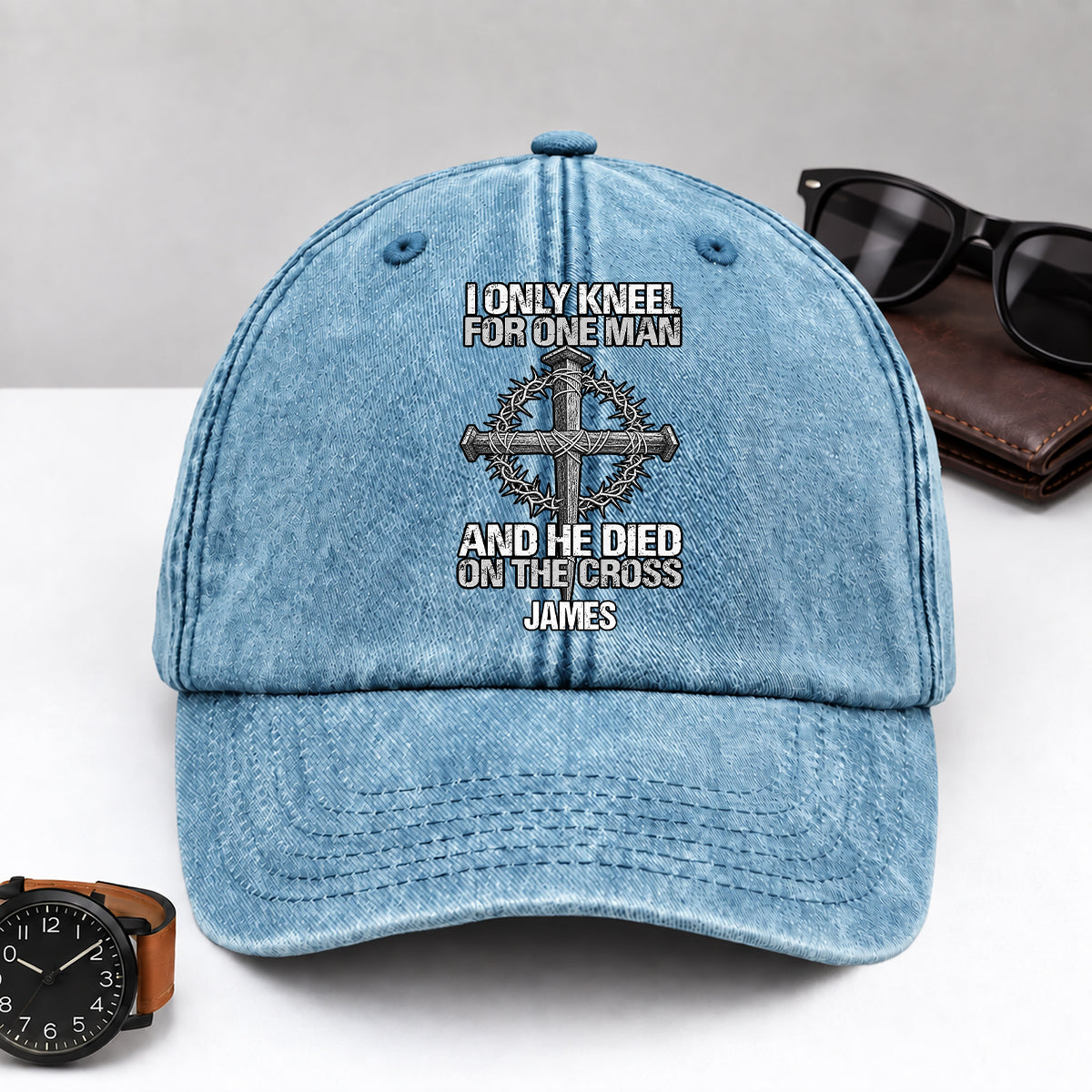 The Man I Kneel For, Gift For Man - Personalized Custom Vintage Washed Denim Cap