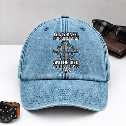 The Man I Kneel For, Gift For Man - Personalized Custom Vintage Washed Denim Cap
