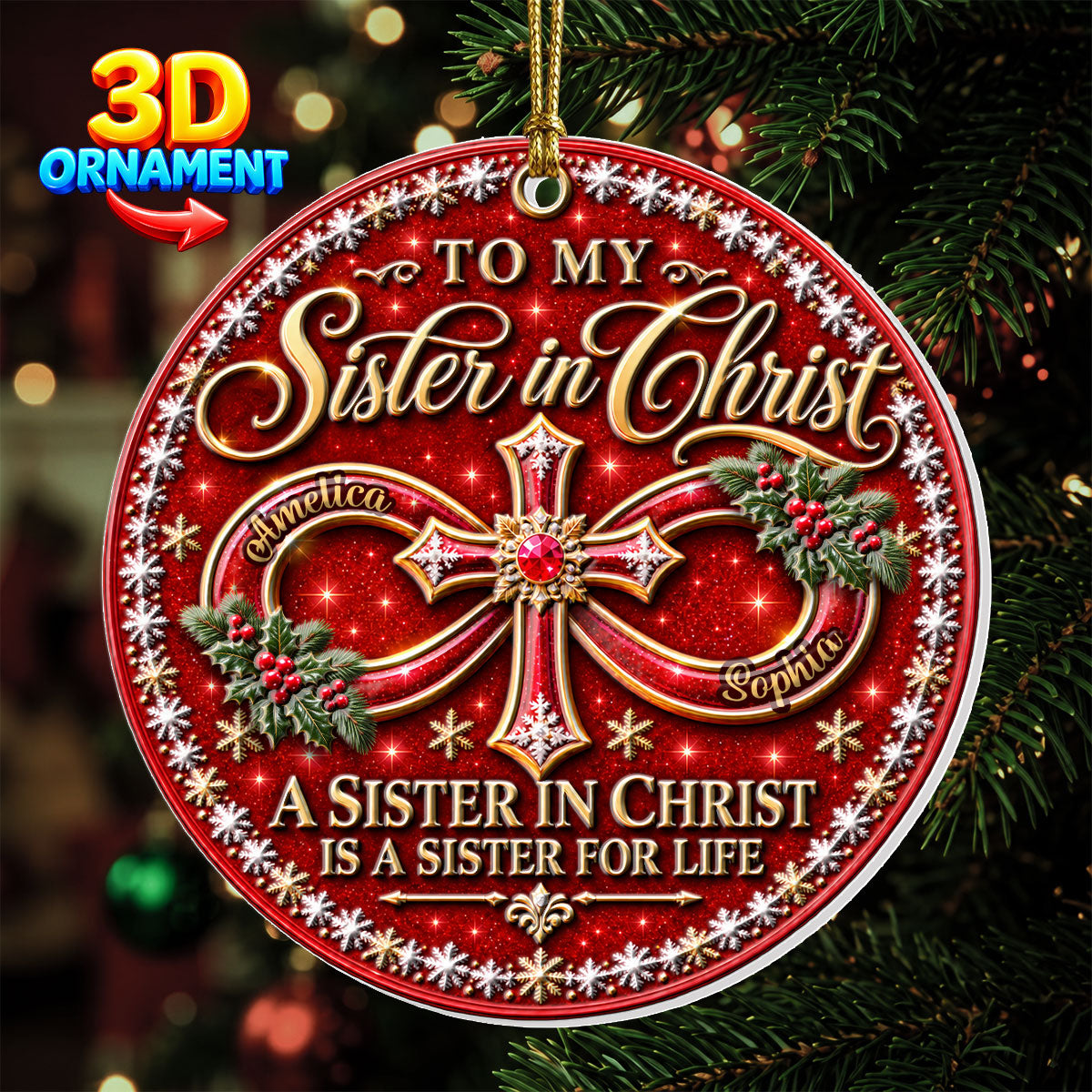 To My Sister In Christ, Christian Christmas Gifts For Sister In Christ | Personalized 3D Relief White Acrylic Ornament