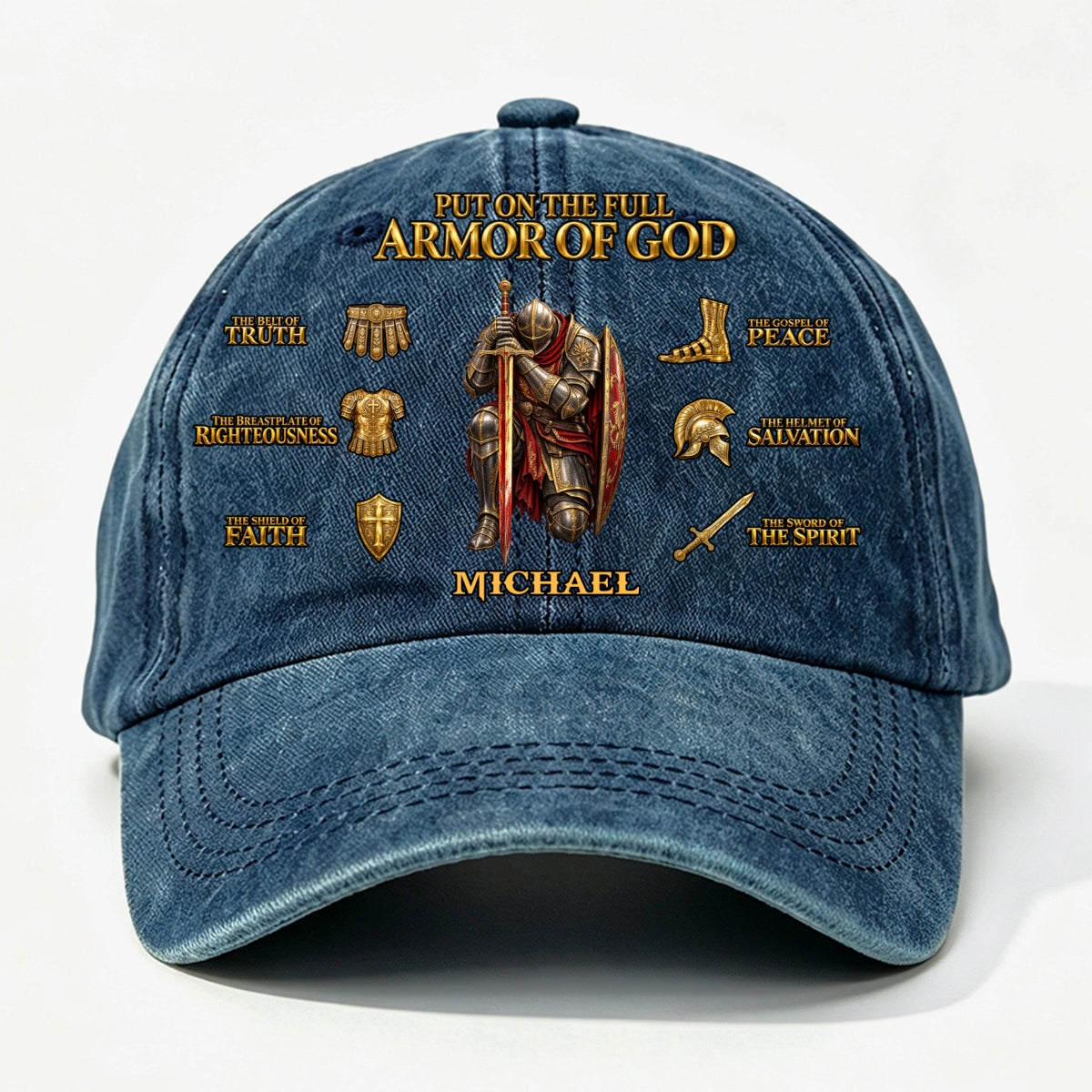 Put On The Full Armor Of God, Gift For Men | Personalized Vintage Washed Denim Cap