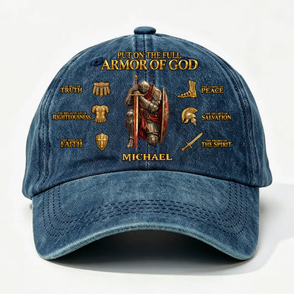 Put On The Full Armor Of God, Gift For Men | Personalized Vintage Washed Denim Cap