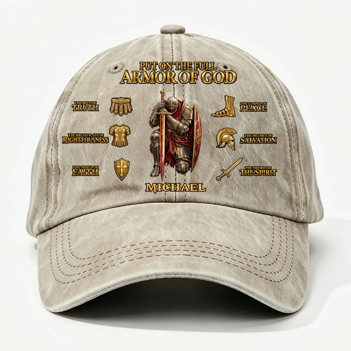 Put On The Full Armor Of God, Gift For Men | Personalized Vintage Washed Denim Cap