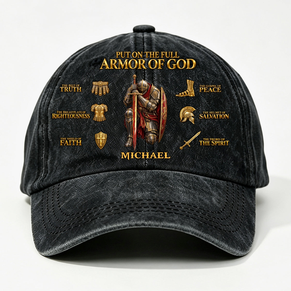 Put On The Full Armor Of God, Gift For Men | Personalized Vintage Washed Denim Cap
