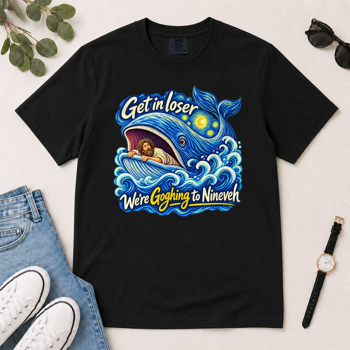 Get In Loser We're Goghing To Nineveh, Jonah 1:17, Funny Bible Gift For Christian Art Lovers | 2D Unisex Garment-dyed T-shirt