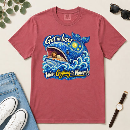 Get In Loser We're Goghing To Nineveh, Jonah 1:17, Funny Bible Gift For Christian Art Lovers | 2D Unisex Garment-dyed T-shirt