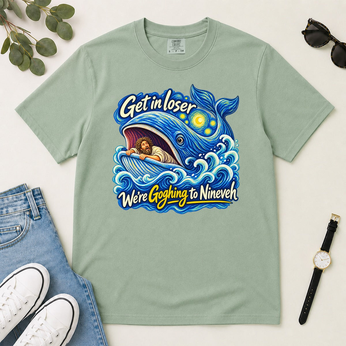 Get In Loser We're Goghing To Nineveh, Jonah 1:17, Funny Bible Gift For Christian Art Lovers | 2D Unisex Garment-dyed T-shirt