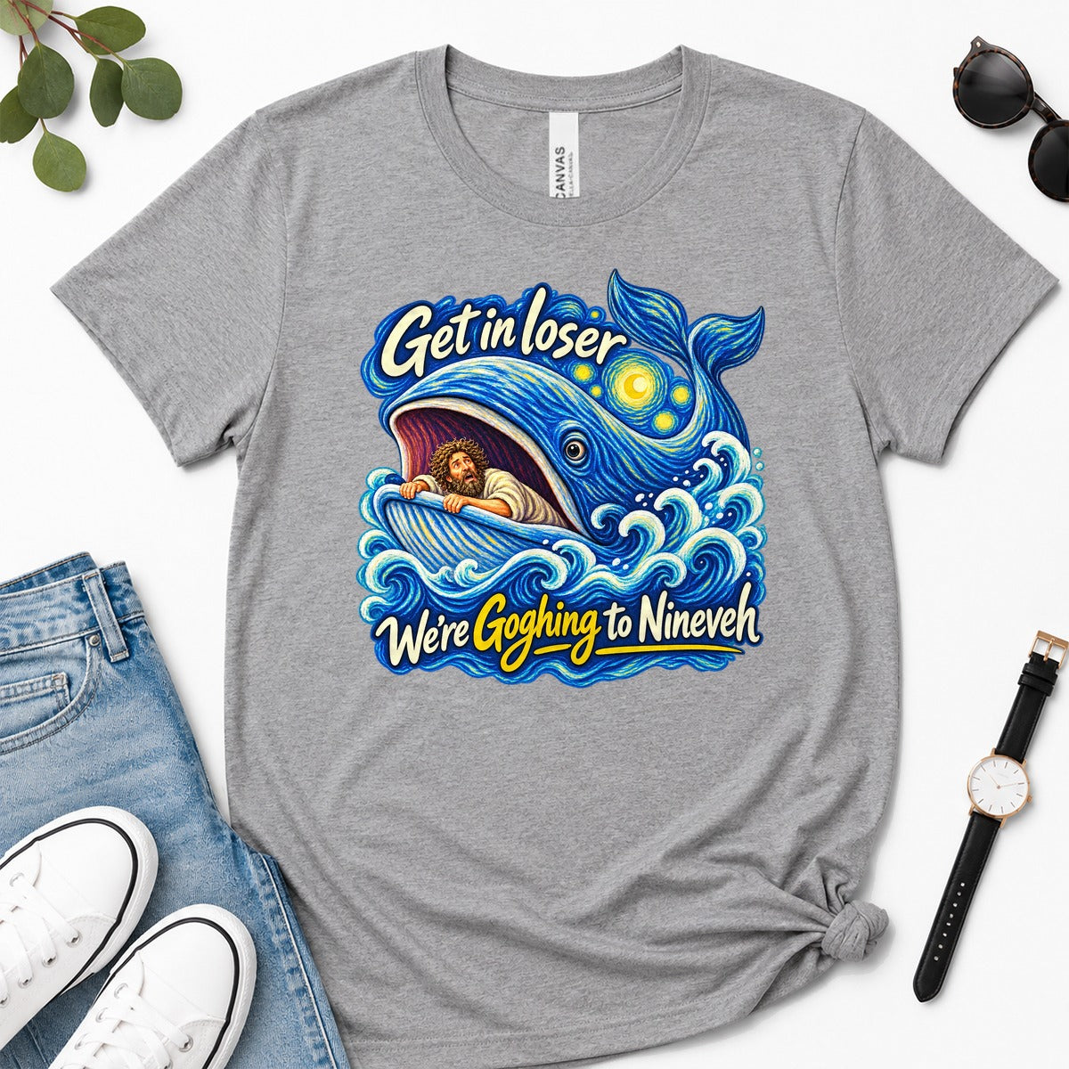 Get In Loser We're Goghing To Nineveh, Jonah 1:17, Funny Bible Gift For Christian Art Lovers | 2D Unisex Premium T-shirt