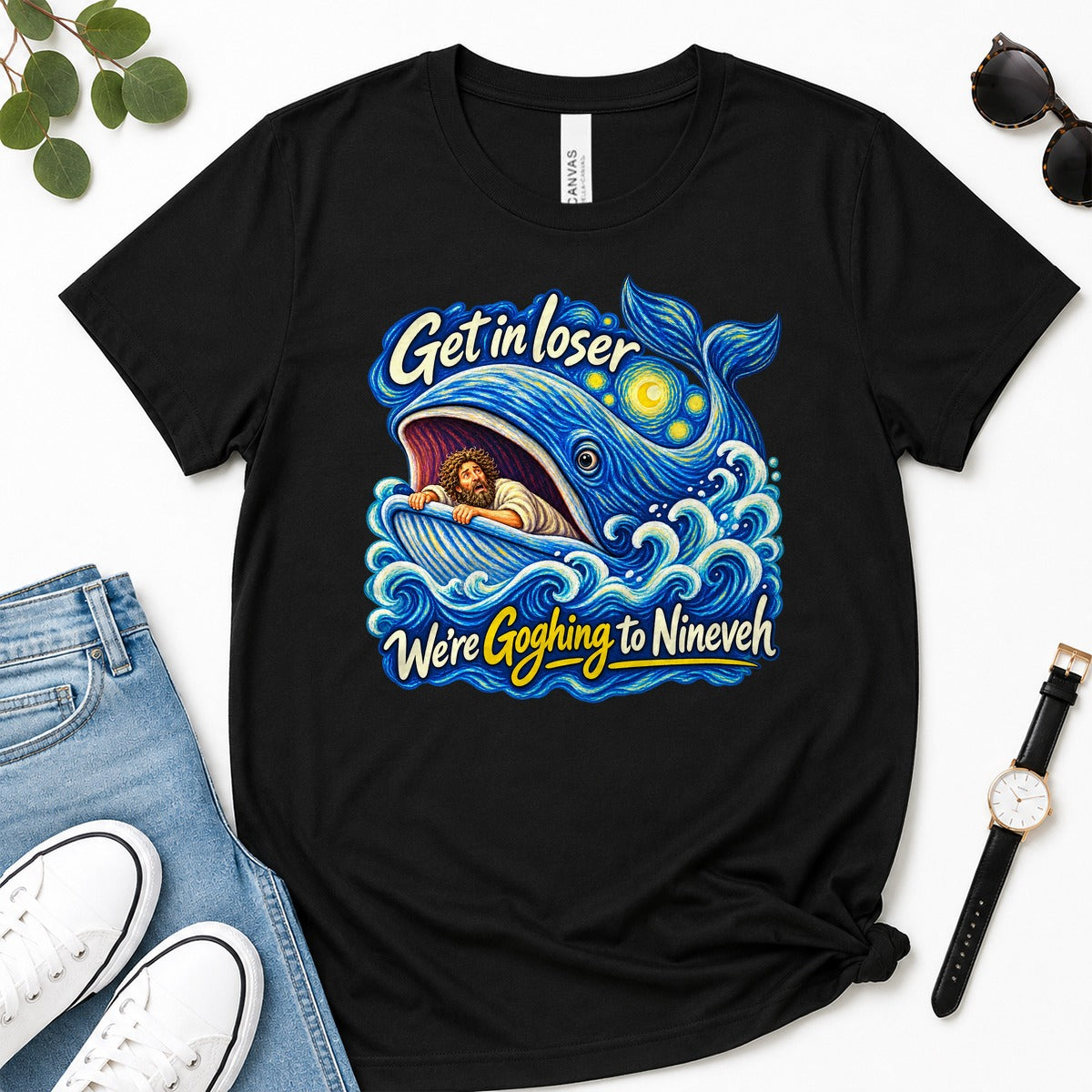 Get In Loser We're Goghing To Nineveh, Jonah 1:17, Funny Bible Gift For Christian Art Lovers | 2D Unisex Premium T-shirt