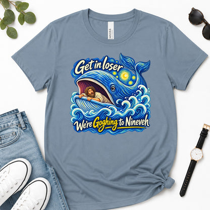 Get In Loser We're Goghing To Nineveh, Jonah 1:17, Funny Bible Gift For Christian Art Lovers | 2D Unisex Premium T-shirt