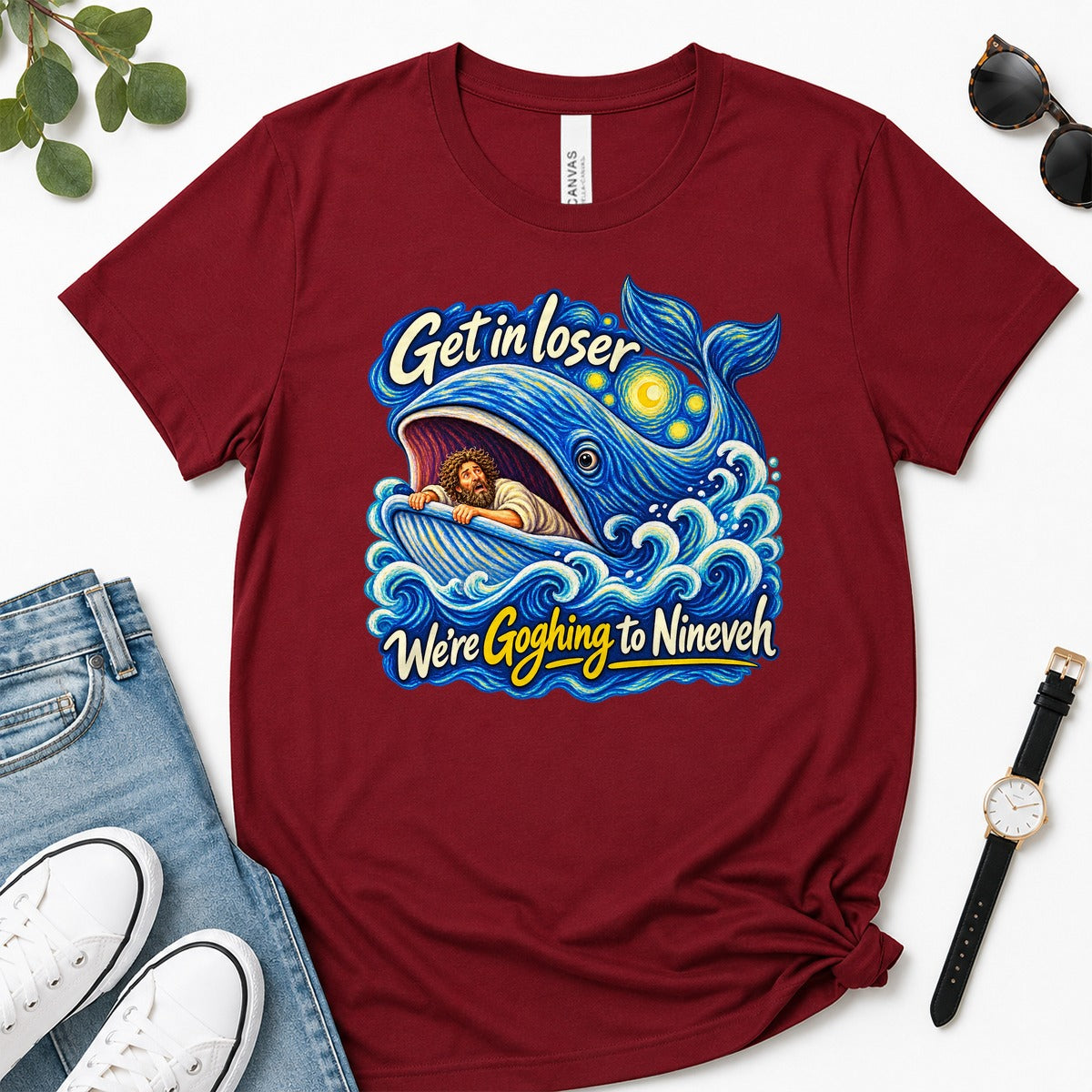 Get In Loser We're Goghing To Nineveh, Jonah 1:17, Funny Bible Gift For Christian Art Lovers | 2D Unisex Premium T-shirt