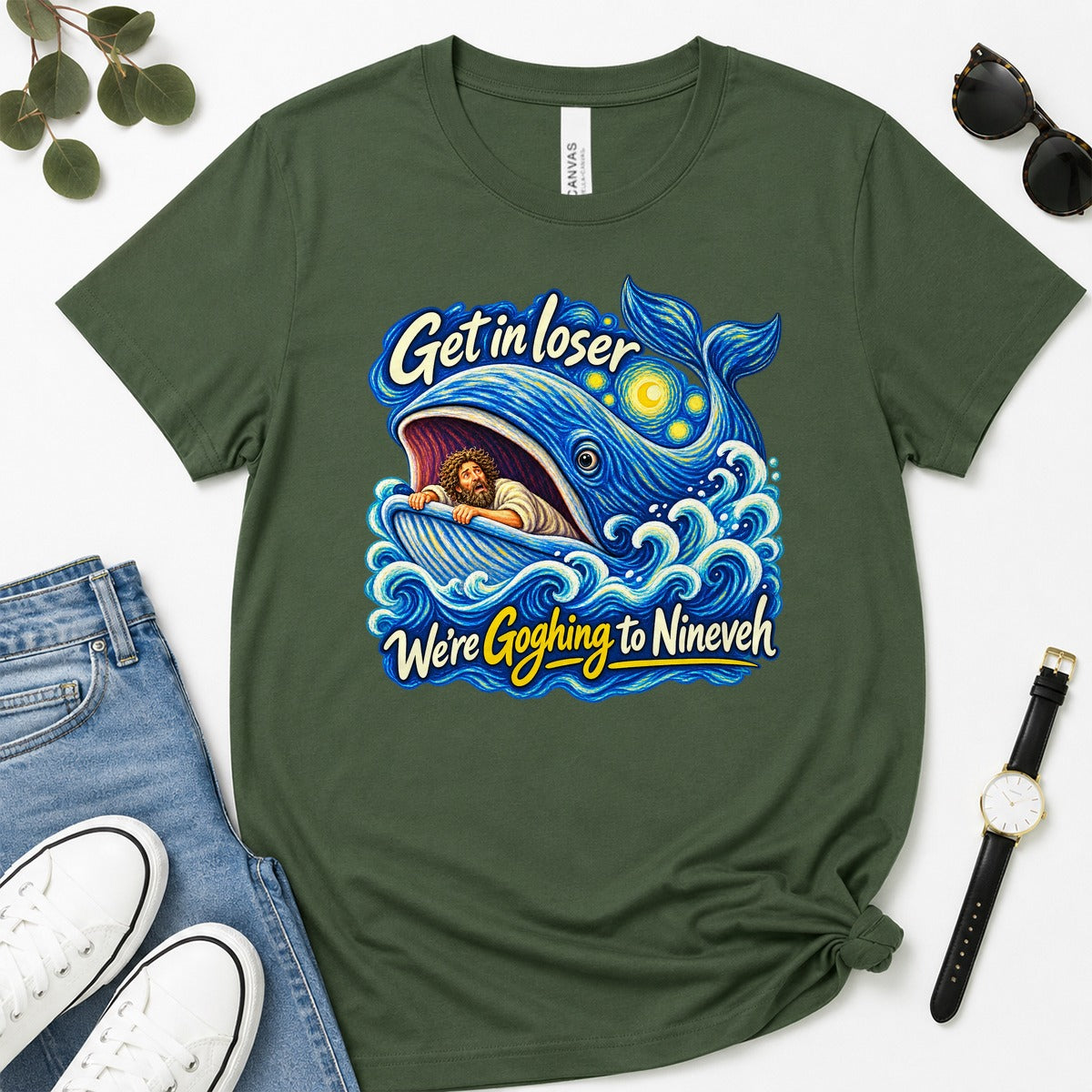 Get In Loser We're Goghing To Nineveh, Jonah 1:17, Funny Bible Gift For Christian Art Lovers | 2D Unisex Premium T-shirt