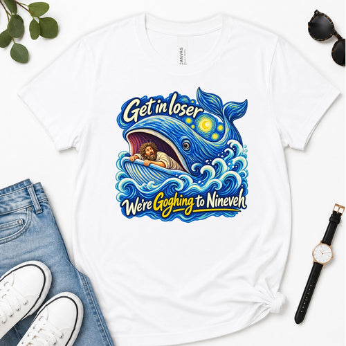 Get In Loser We're Goghing To Nineveh, Jonah 1:17, Funny Bible Gift For Christian Art Lovers | 2D Unisex Premium T-shirt