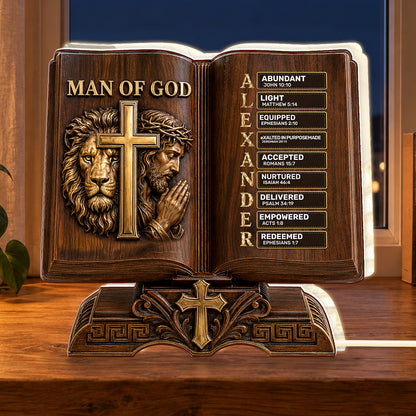 Man Of God Husband Daddy Protector Hero Wooden Edition, Gift For Husband And Dad | Personalized Light Box