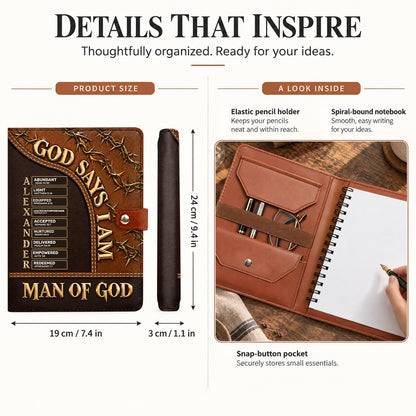 Man Of God, Gift For Men | Personalized Leather Notebook Cover With Pocket