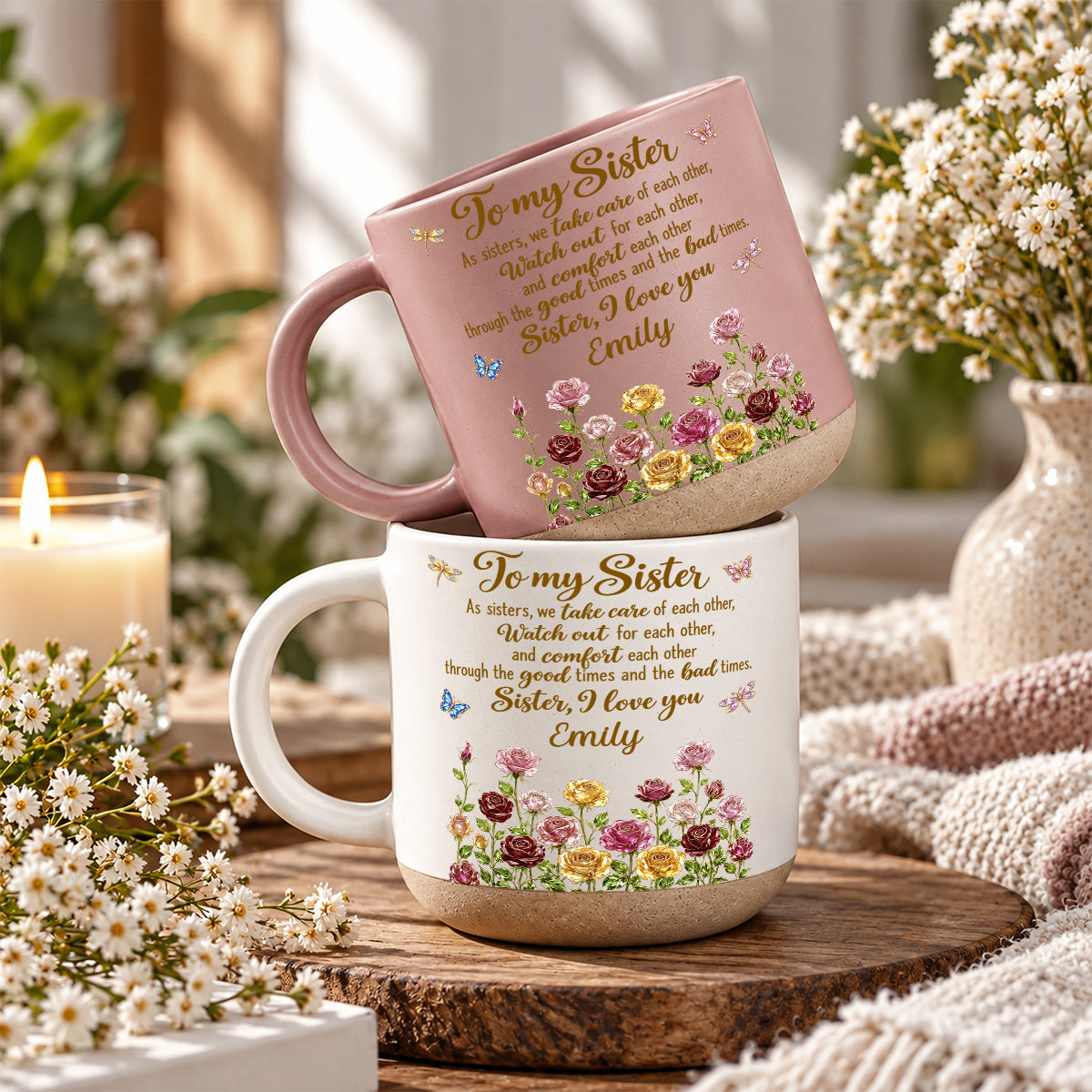 Blooming Bond, Custom Christmas & Birthday Gift For Sister - Personalized Pottery Mug