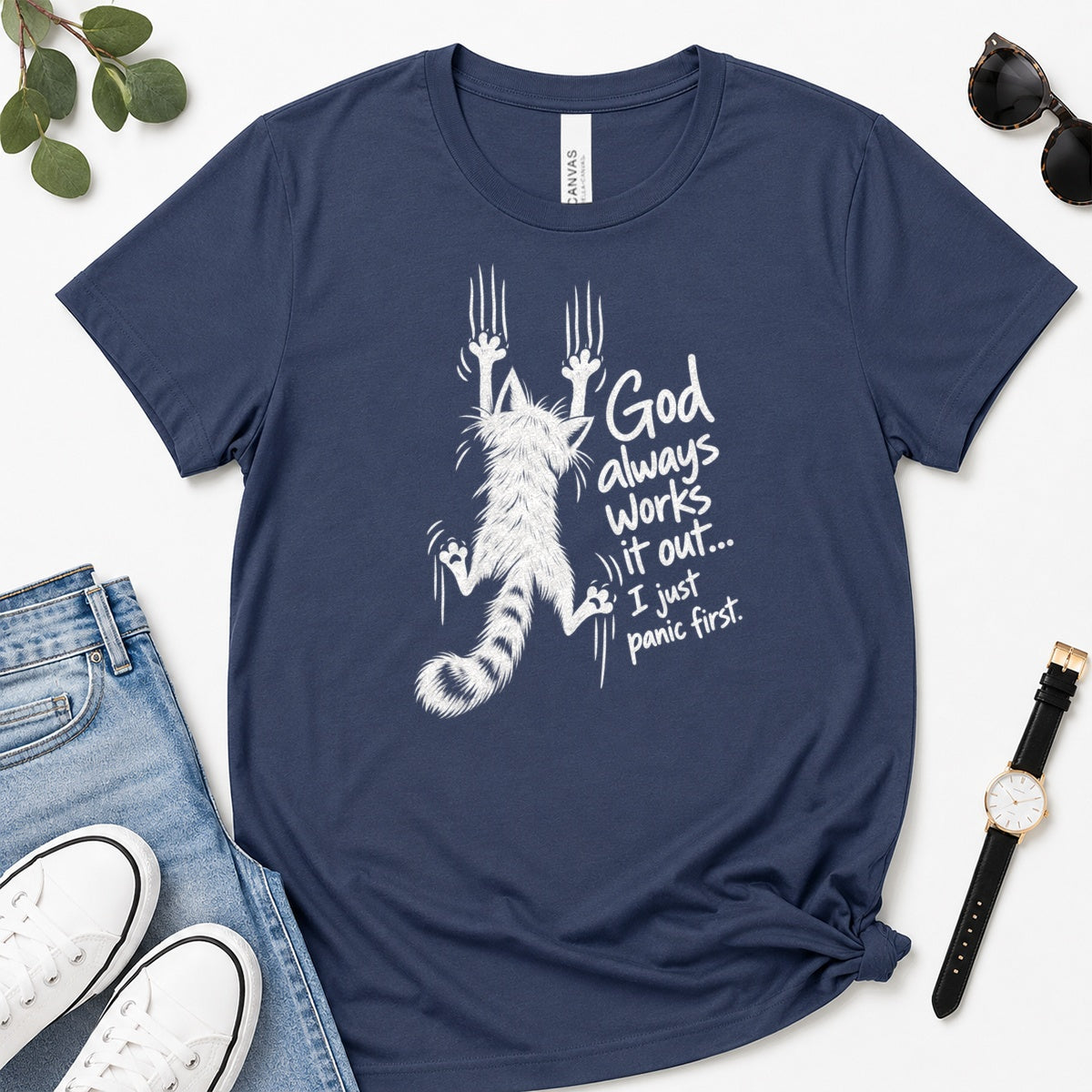 God Always Works It Out I Just Panic First, Gift For Christian Cat Moms - 2D Unisex Premium T-shirt