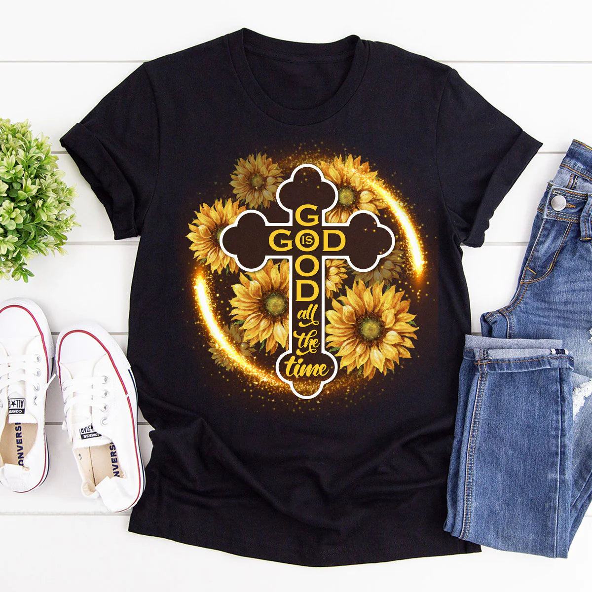 God Is Good All The Time - Sunflower And Cross | 2D Unisex T-shirt