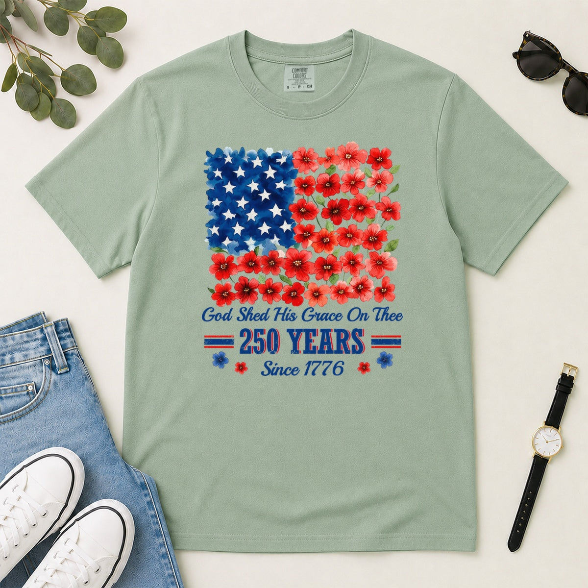 God Shed His Grace On Thee 250 Years, Gift For Patriotic Christians - 2D Unisex Garment-dyed T-shirt