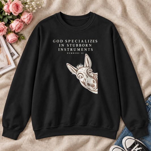 God Specializes In Stubborn Instruments Numbers 22, Gift For Christian Donkey Lovers - 2D Unisex Sweatshirt