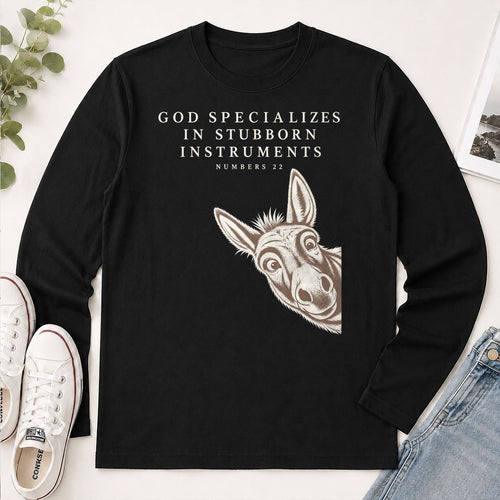 God Specializes In Stubborn Instruments Numbers 22, Gift For Christian Donkey Lovers - 2D Unisex Long Sleeve
