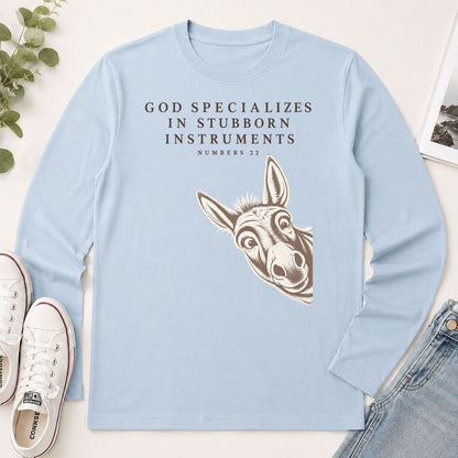 God Specializes In Stubborn Instruments Numbers 22, Gift For Christian Donkey Lovers - 2D Unisex Long Sleeve