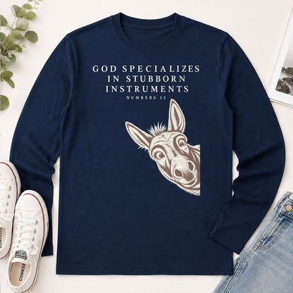 God Specializes In Stubborn Instruments Numbers 22, Gift For Christian Donkey Lovers - 2D Unisex Long Sleeve