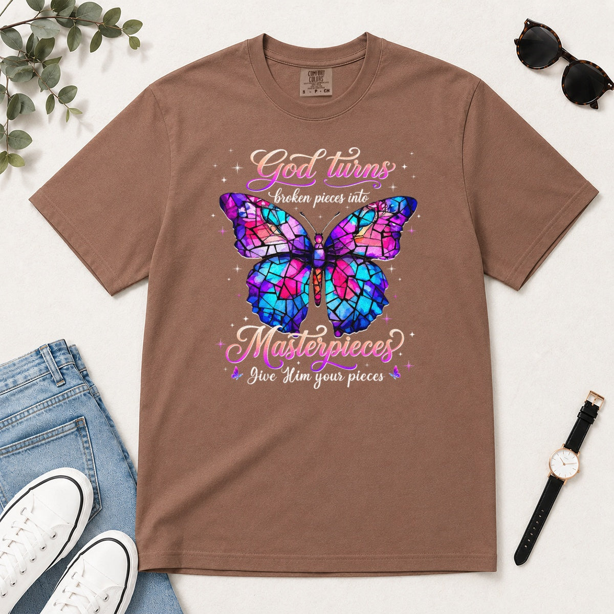 God Turns Broken Pieces Into Masterpieces, Gift For Christian Women - 2D Unisex Garment-dyed T-shirt