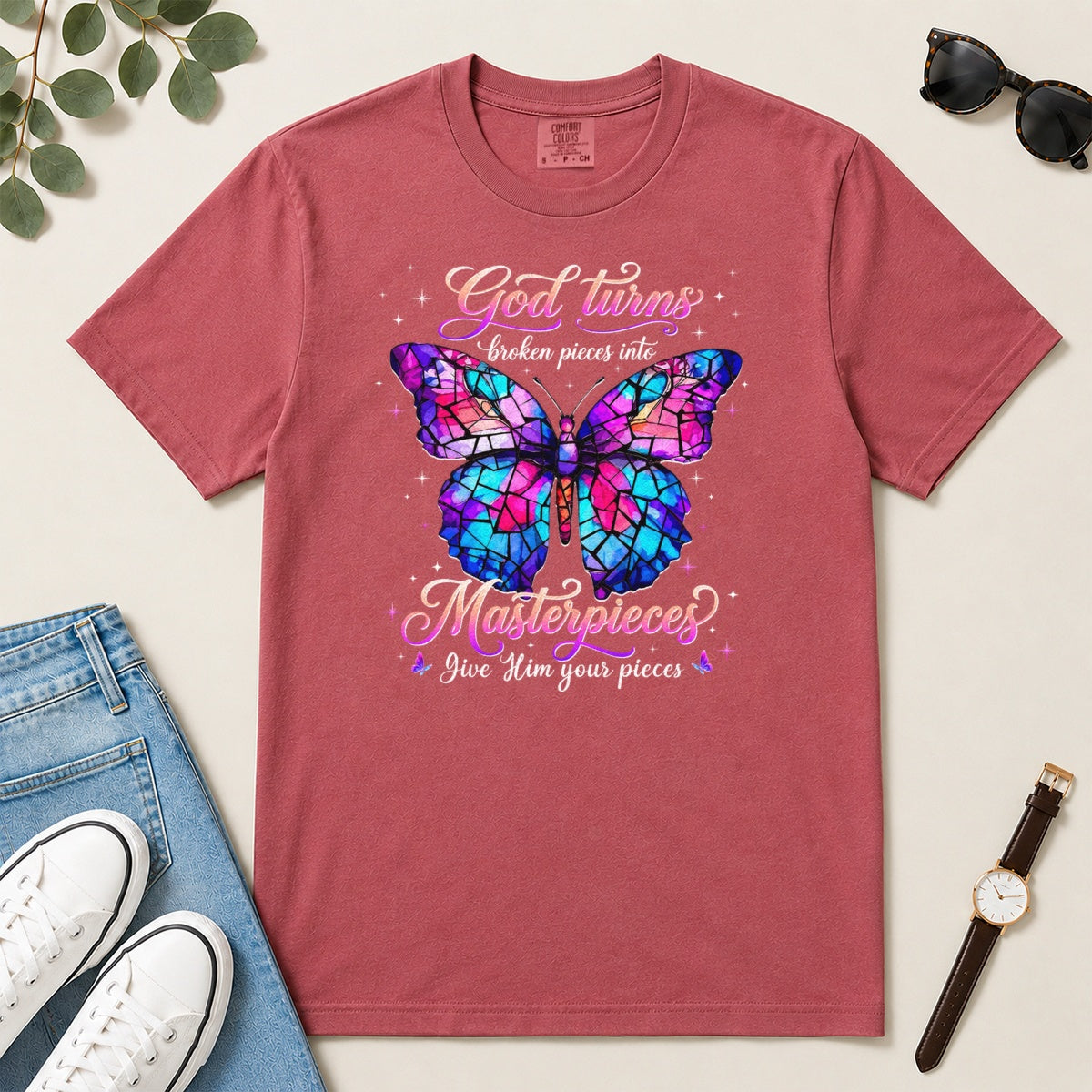God Turns Broken Pieces Into Masterpieces, Gift For Christian Women - 2D Unisex Garment-dyed T-shirt
