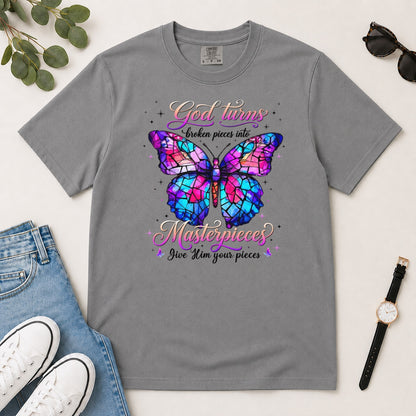 God Turns Broken Pieces Into Masterpieces, Gift For Christian Women - 2D Unisex Garment-dyed T-shirt