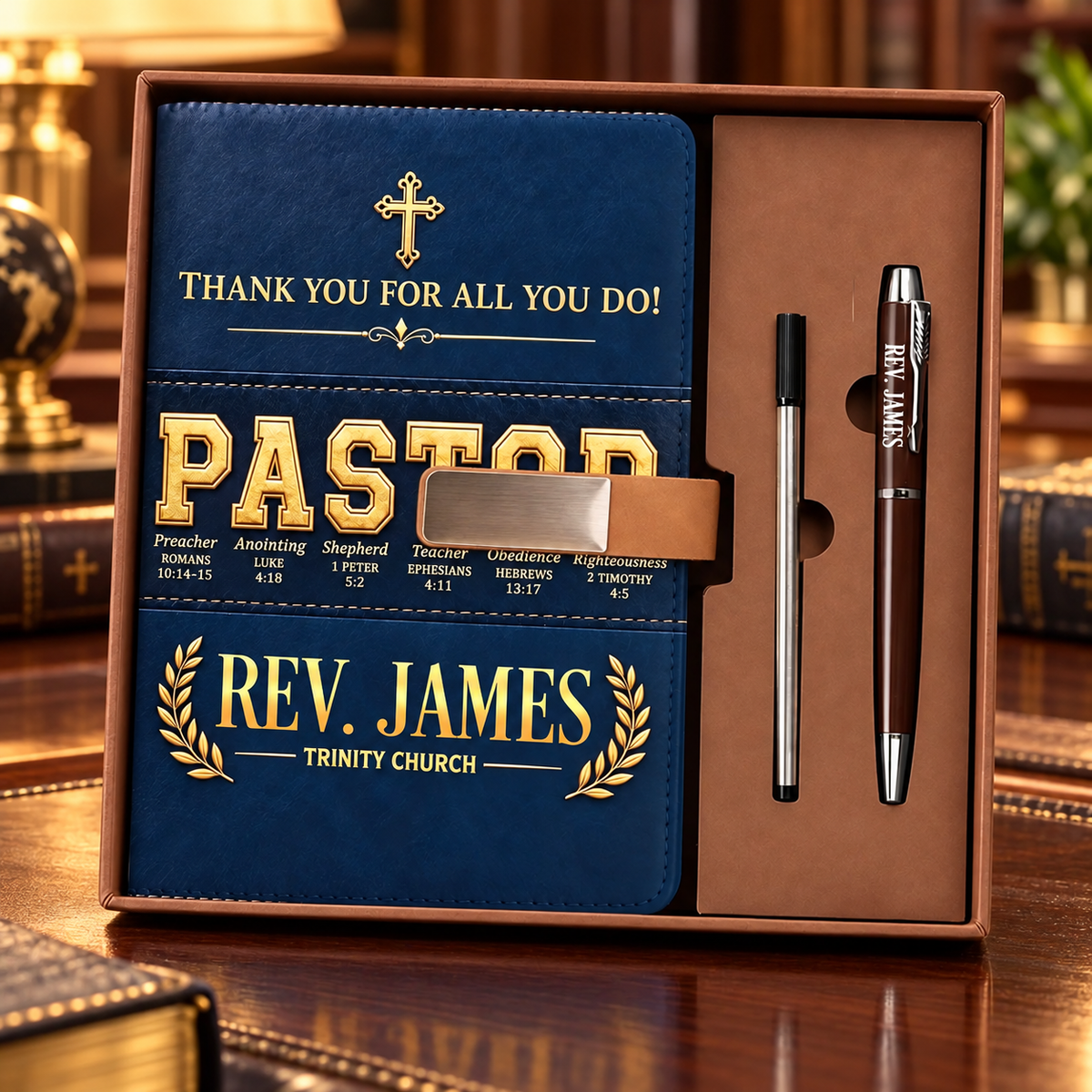 Thank You for All You Do, Gift For Pastor - Personalized Leather Notebook & Pen Set
