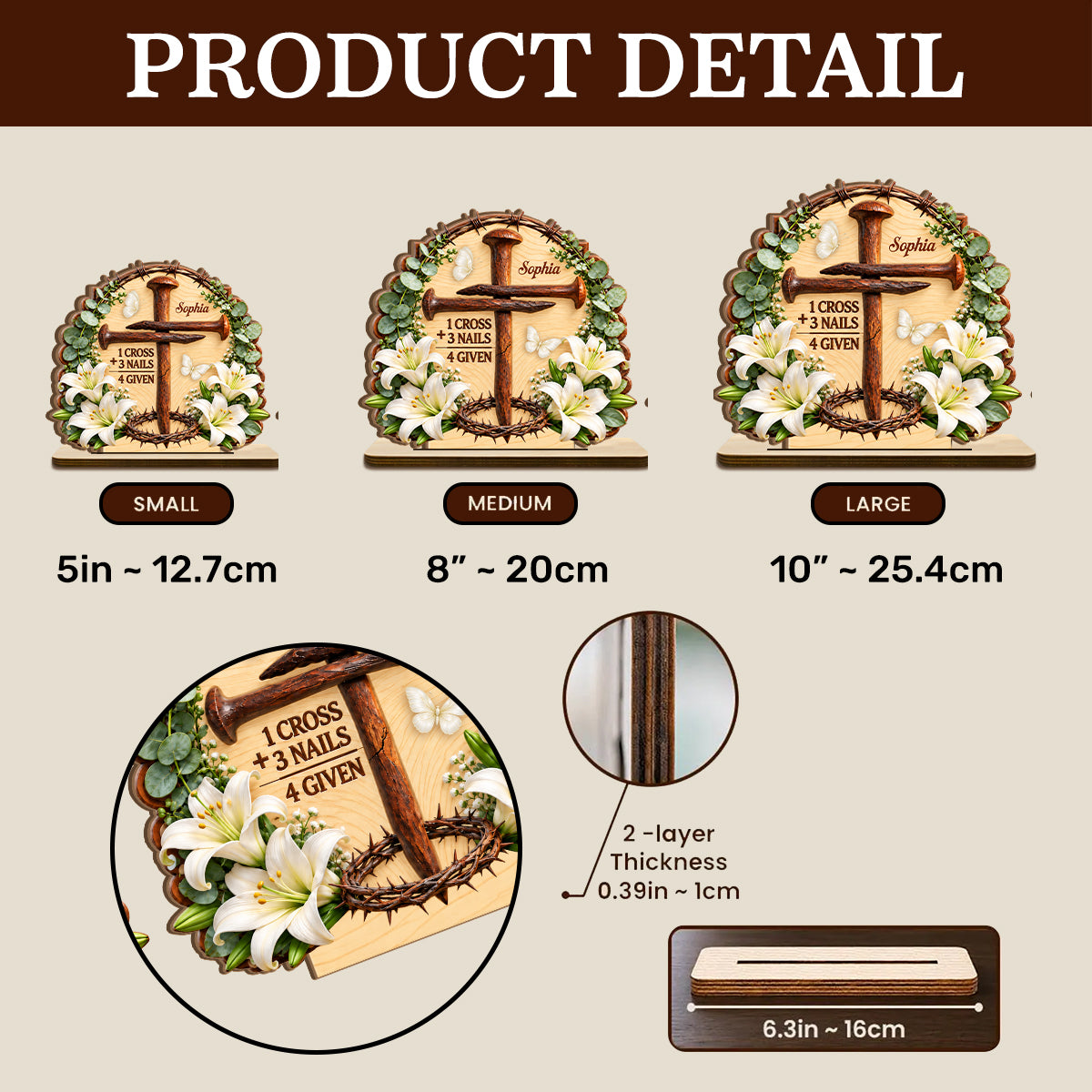 1 Cross 3 Nails 4 Given Easter, Gift For Grandma | Personalized 2-Layer Wood Plaque With Flat Base