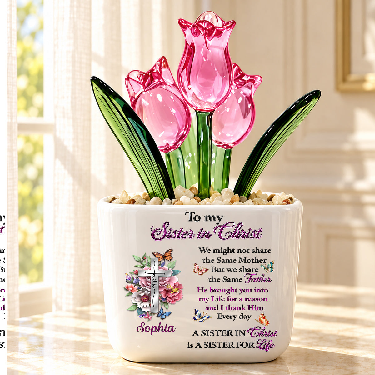 To My Sister In Christ, Christian Gifts For Sister In Christ | Personalized Glass Everlasting Tulips