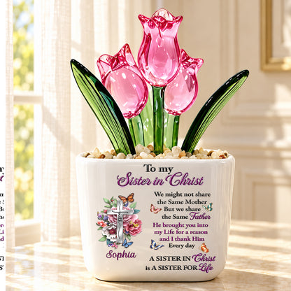 To My Sister In Christ, Christian Gifts For Sister In Christ | Personalized Glass Everlasting Tulips