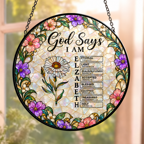 God Says I Am, Gift For Loved One | Personalized Stained Glass Window Hanging Suncatcher