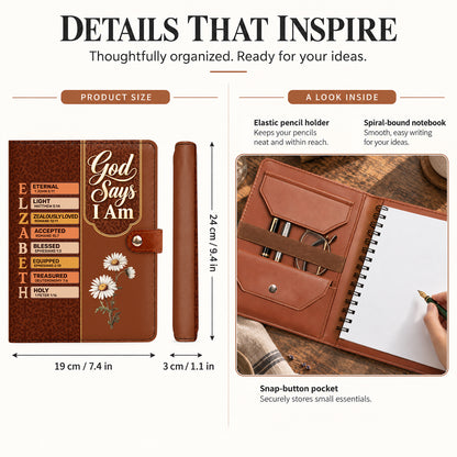 God Says I Am, Gift For Women | Personalized Leather Notebook Cover With Pocket
