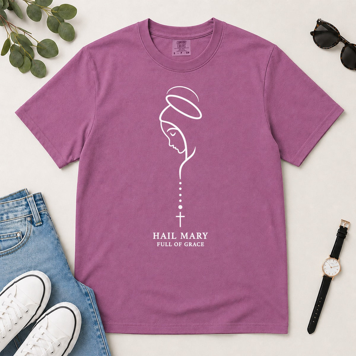 Hail Mary Full Of Grace, Luke 1:28, Gift For Catholic Women | 2D Unisex Garment-dyed T-shirt