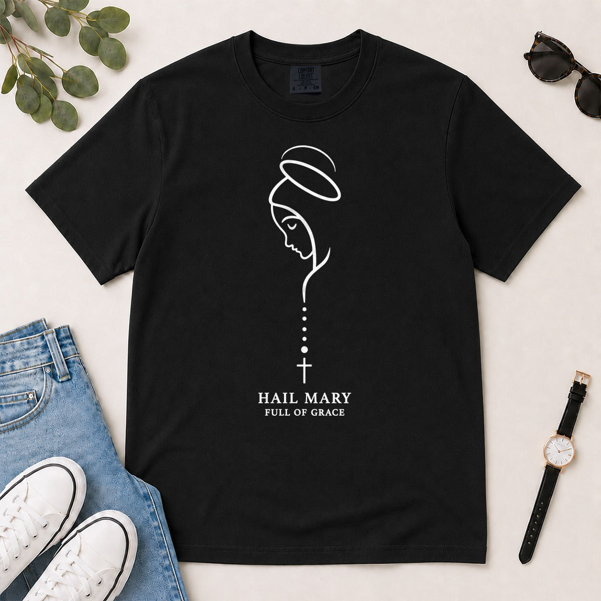 Hail Mary Full Of Grace, Luke 1:28, Gift For Catholic Women | 2D Unisex Garment-dyed T-shirt