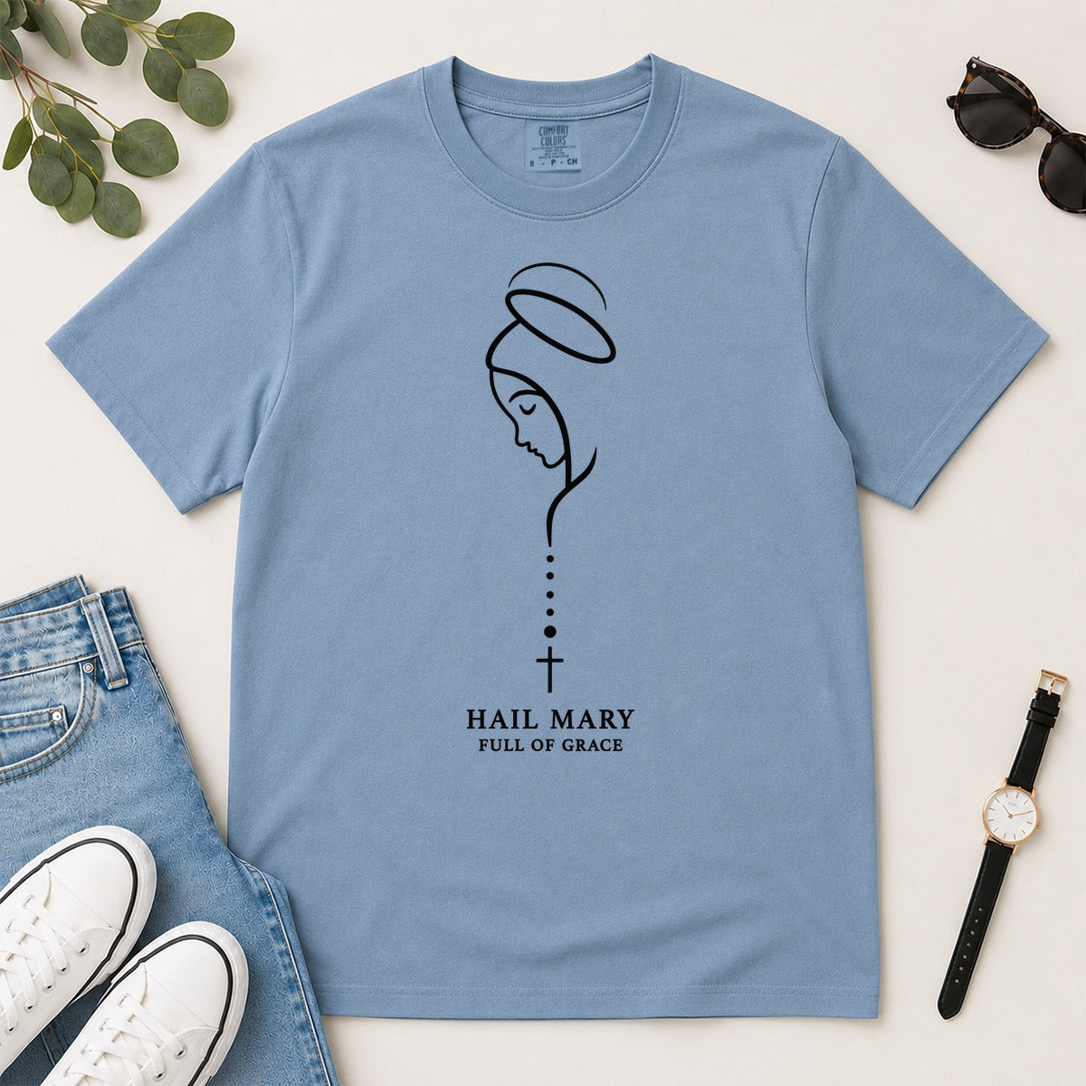 Hail Mary Full Of Grace, Luke 1:28, Gift For Catholic Women | 2D Unisex Garment-dyed T-shirt