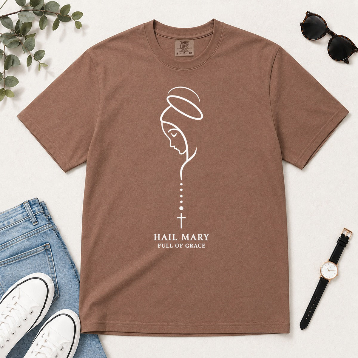 Hail Mary Full Of Grace, Luke 1:28, Gift For Catholic Women | 2D Unisex Garment-dyed T-shirt
