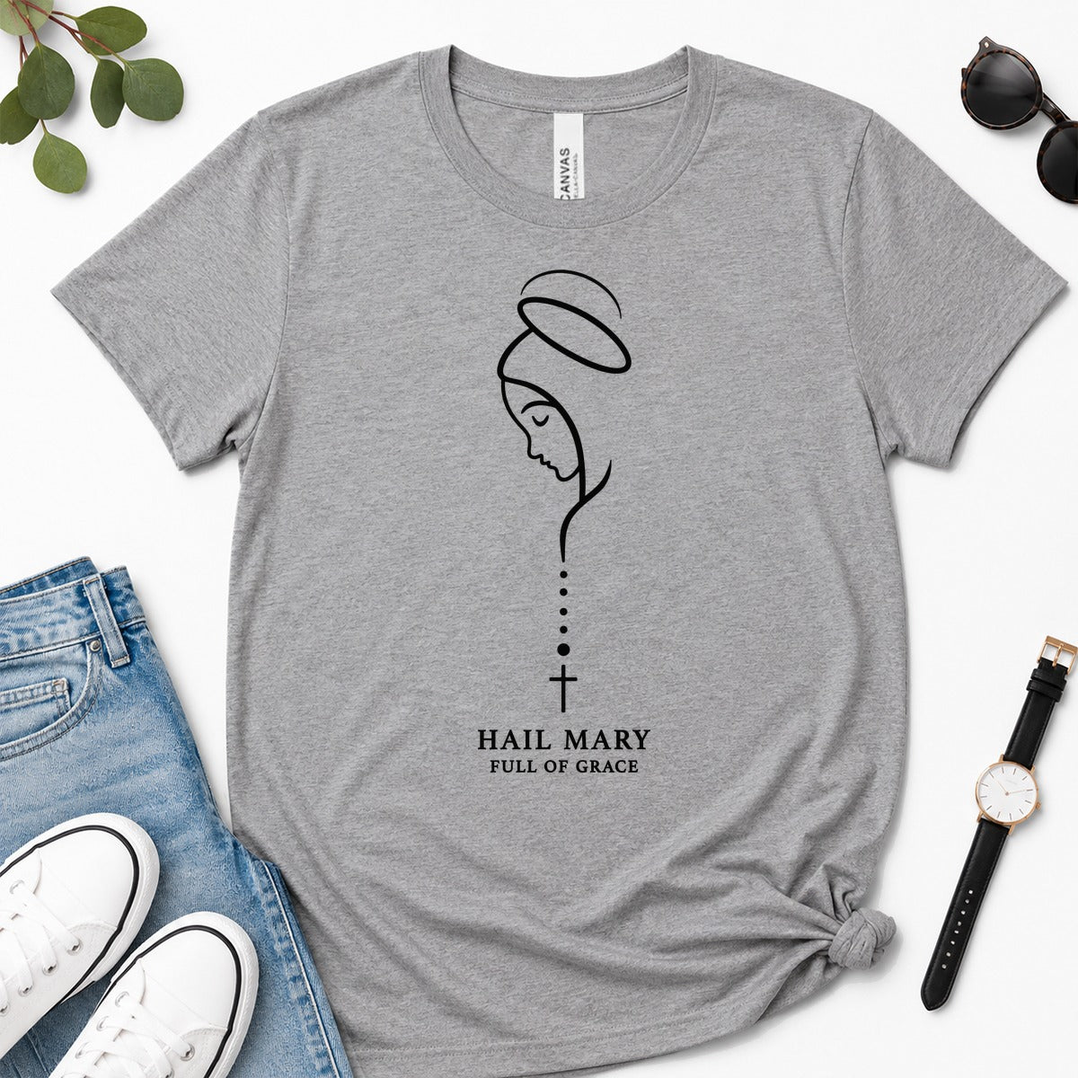 Hail Mary Full Of Grace, Luke 1:28, Gift For Catholic Women | 2D Unisex Premium T-shirt