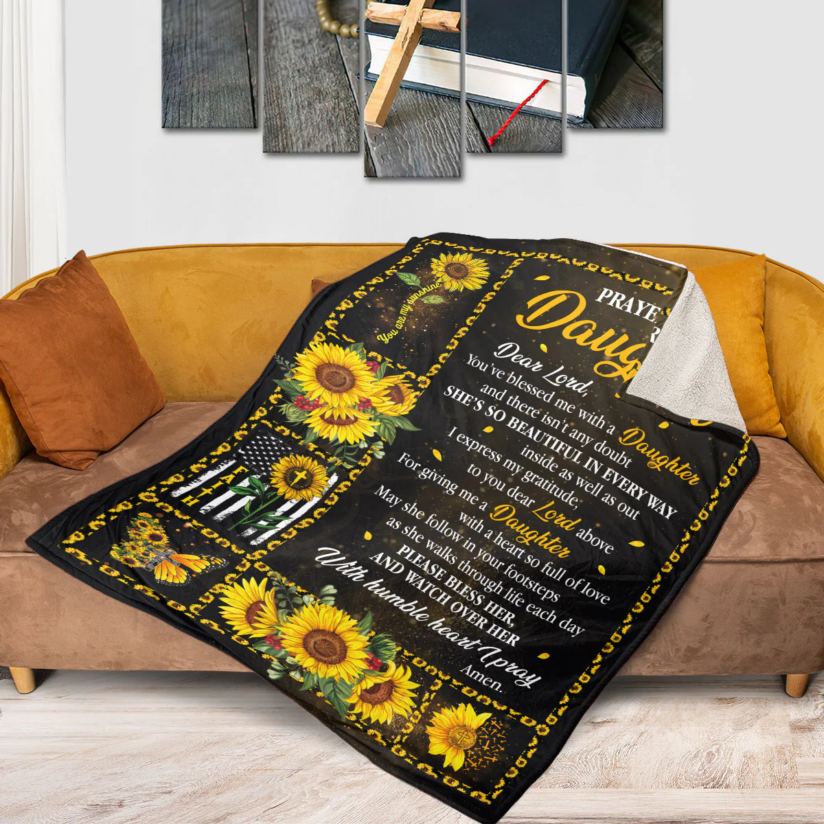 Christian Fleece Blanket for Daughter, Prayer Sunflower Faith Gift