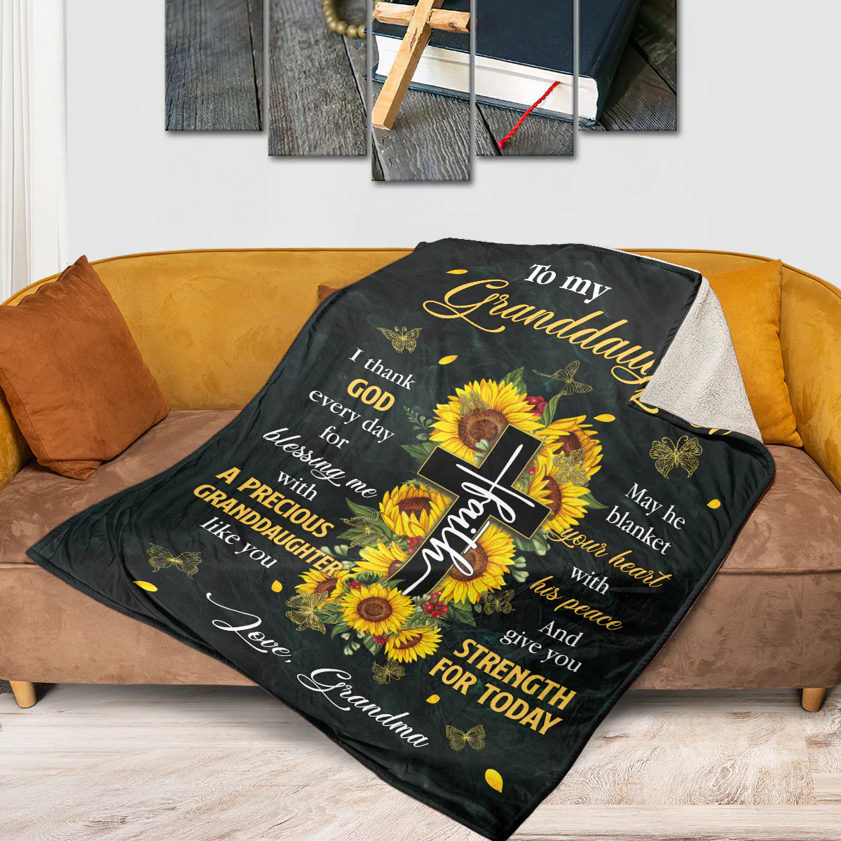 Christian Fleece Blanket for Granddaughter, Sunflower Cross Gift