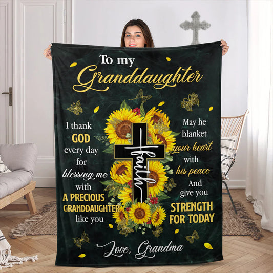 Christian Fleece Blanket for Granddaughter, Sunflower Cross Gift