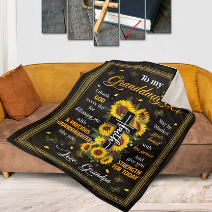 Christian Fleece Blanket for Granddaughter, Sunflower Cross Gift from Grandpa
