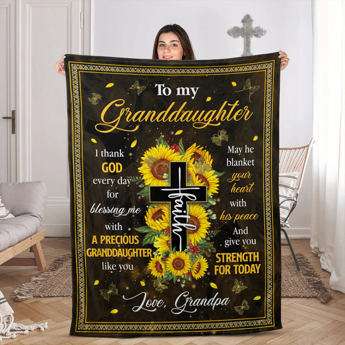 Christian Fleece Blanket for Granddaughter, Sunflower Cross Gift from Grandpa