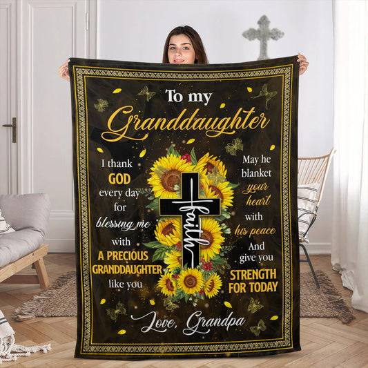 Christian Fleece Blanket for Granddaughter, Sunflower Cross Gift from Grandpa