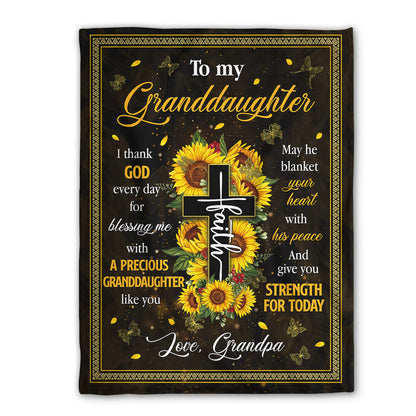 Christian Fleece Blanket for Granddaughter, Sunflower Cross Gift from Grandpa